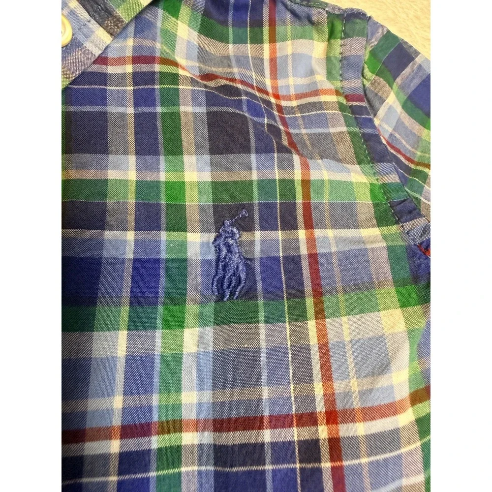 Ralph Lauren Shirt Button Up Short Sleeve Blue Green Plaid  Blue Pony  12 Months